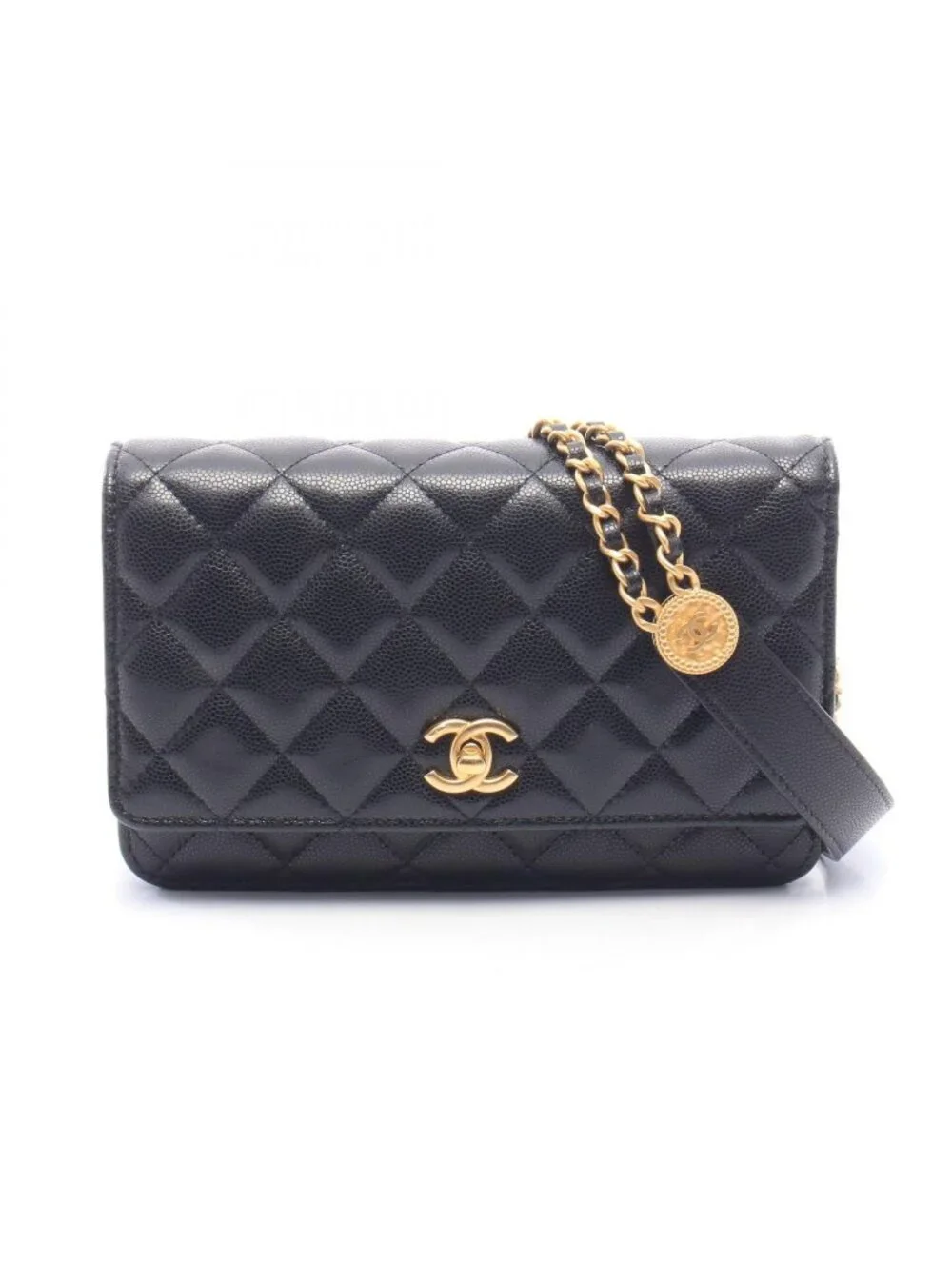 Chanel Shoulder Bag Quilted Black Caviar Leather Chain Wallet